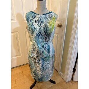 SUMMER PEPLUM  tahari Aqua snakeskin print Stretch cotton dress size 12 shift